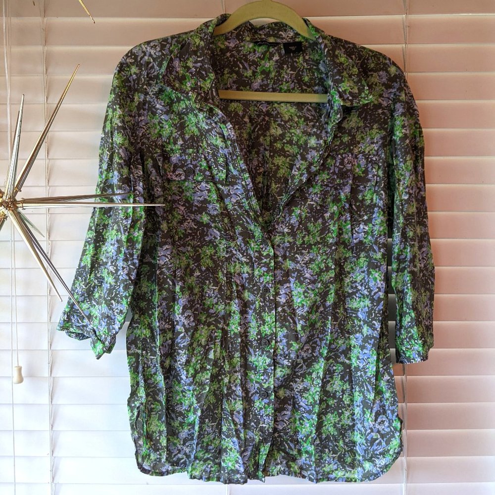 Eddie Bauer Green Floral 3/4 Sleeve Button Down Large